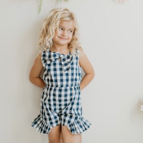 Pink Gingham Print Bow Tie Ruffle Hem Cotton Romper - Picture 4 of 7